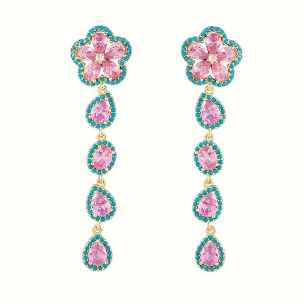 Blue & Pink Zircon Floral Water Drop Earrings